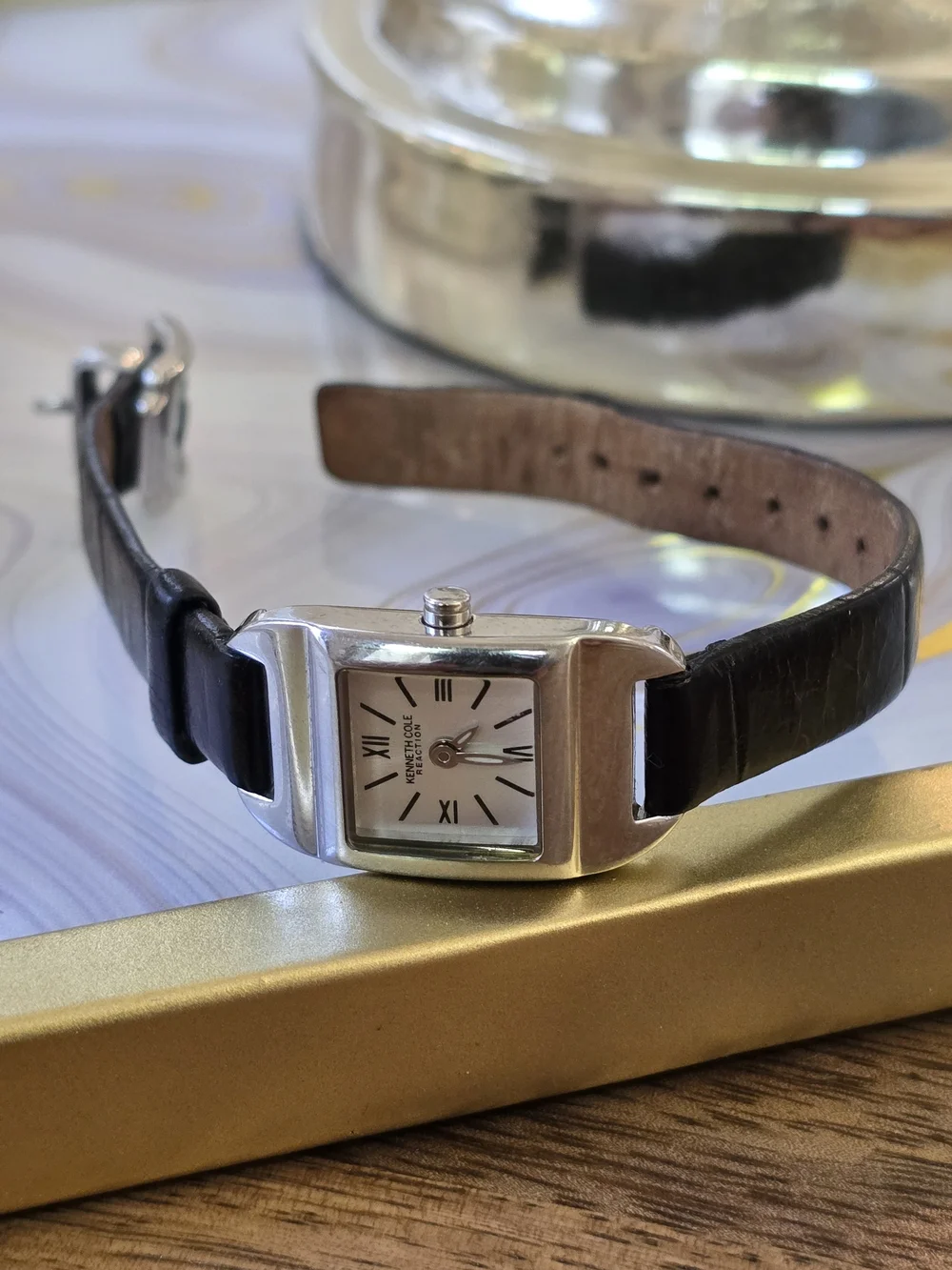 Kenneth Cole Reaction Women's Black Leather Strap Silver Case Watch